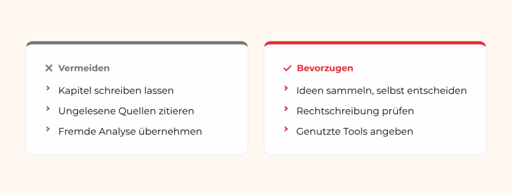 Vergleich von KI-Nutzungen, die beim Schreiben einer Bachelorarbeit zu vermeiden oder zu bevorzugen sind