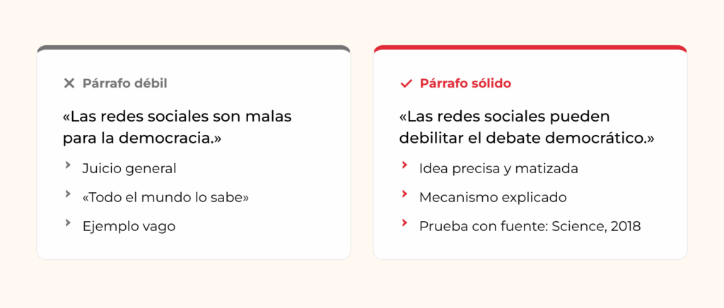 Párrafo argumentativo en versión débil y sólida: idea matizada, mecanismo explicado y prueba con fuente