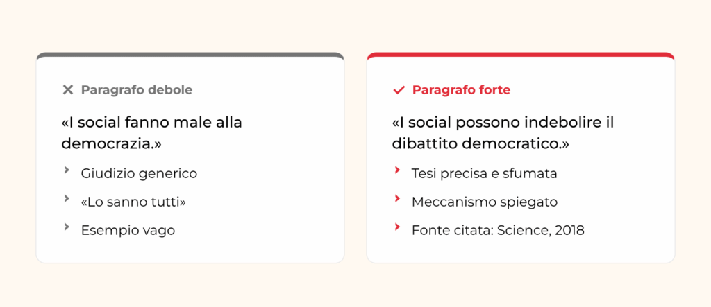 Paragrafo del testo argomentativo in versione debole e forte: tesi sfumata, meccanismo spiegato, fonte citata