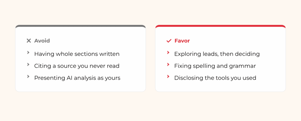 Comparison of AI uses to avoid and to favor when writing a bachelor's or master's thesis